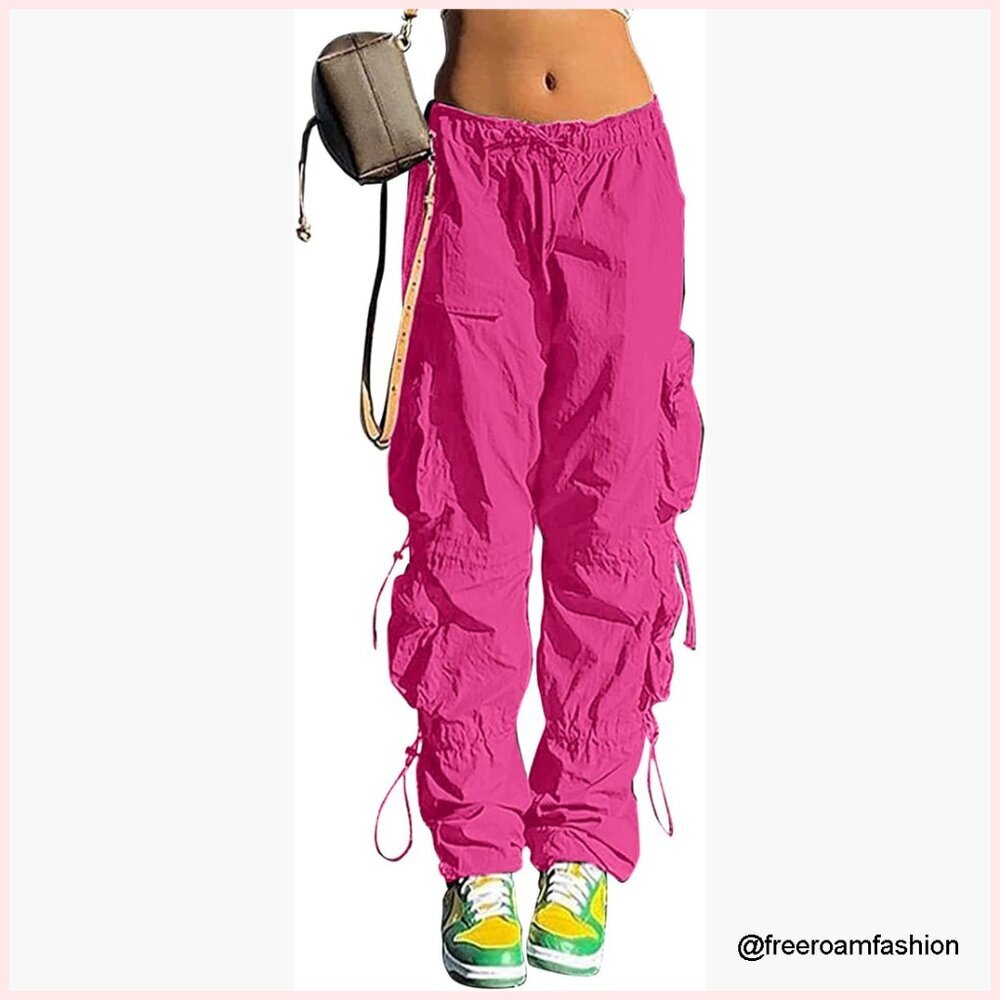 Women's Baggy Parachute Cargo Pants Drawstring Elastic Low Waist Jogger